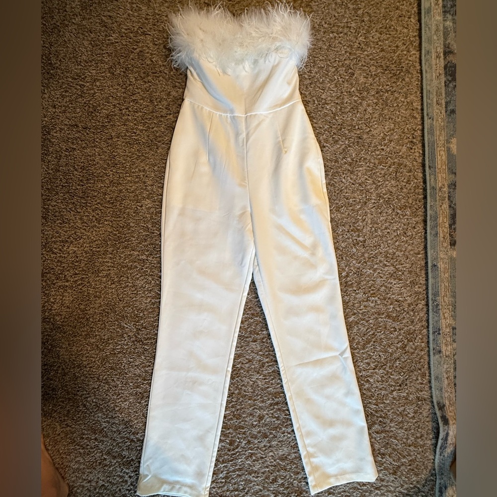 Nasty Gal White Strapless Feathered Jumpsuit